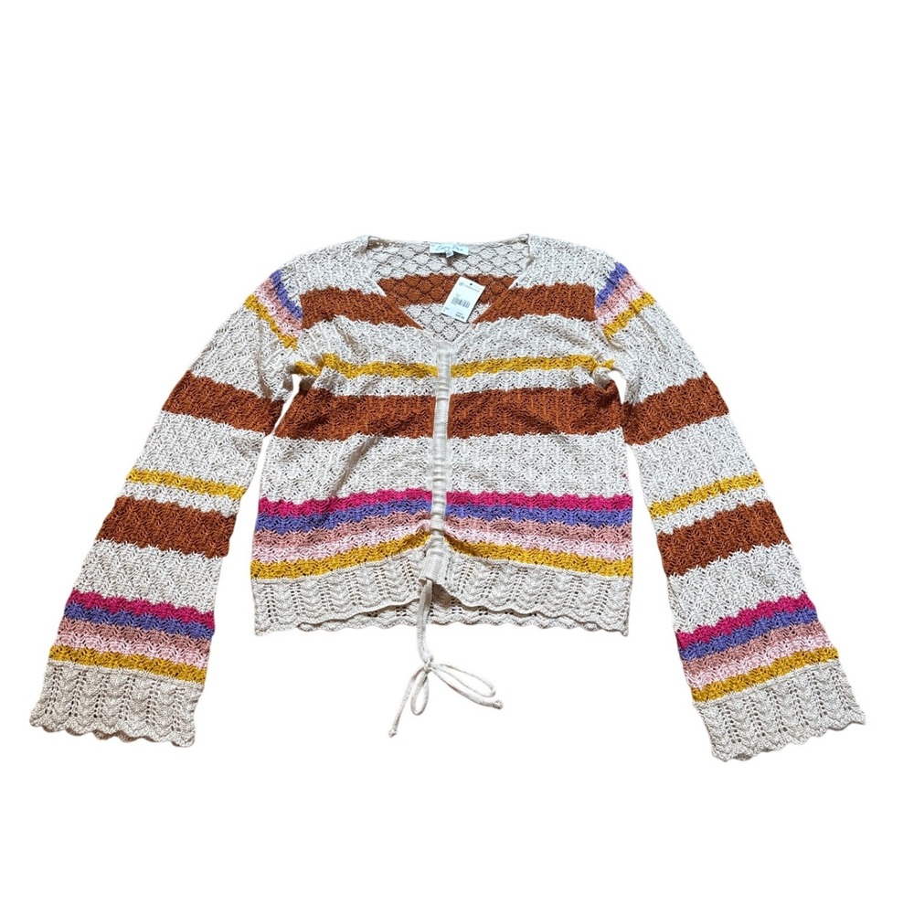 Emory Park Crochet Knit Top Multi Color Striped Boho Bell Sleeve SIZE L NWT